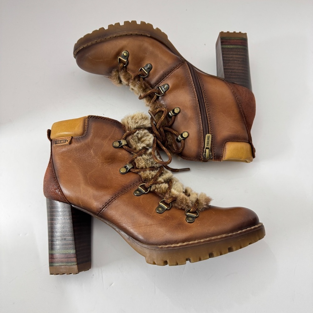Pikolinos Womens leather lace-up ankle boots heels faux fur brown sz 38 - Picture 5 of 13
